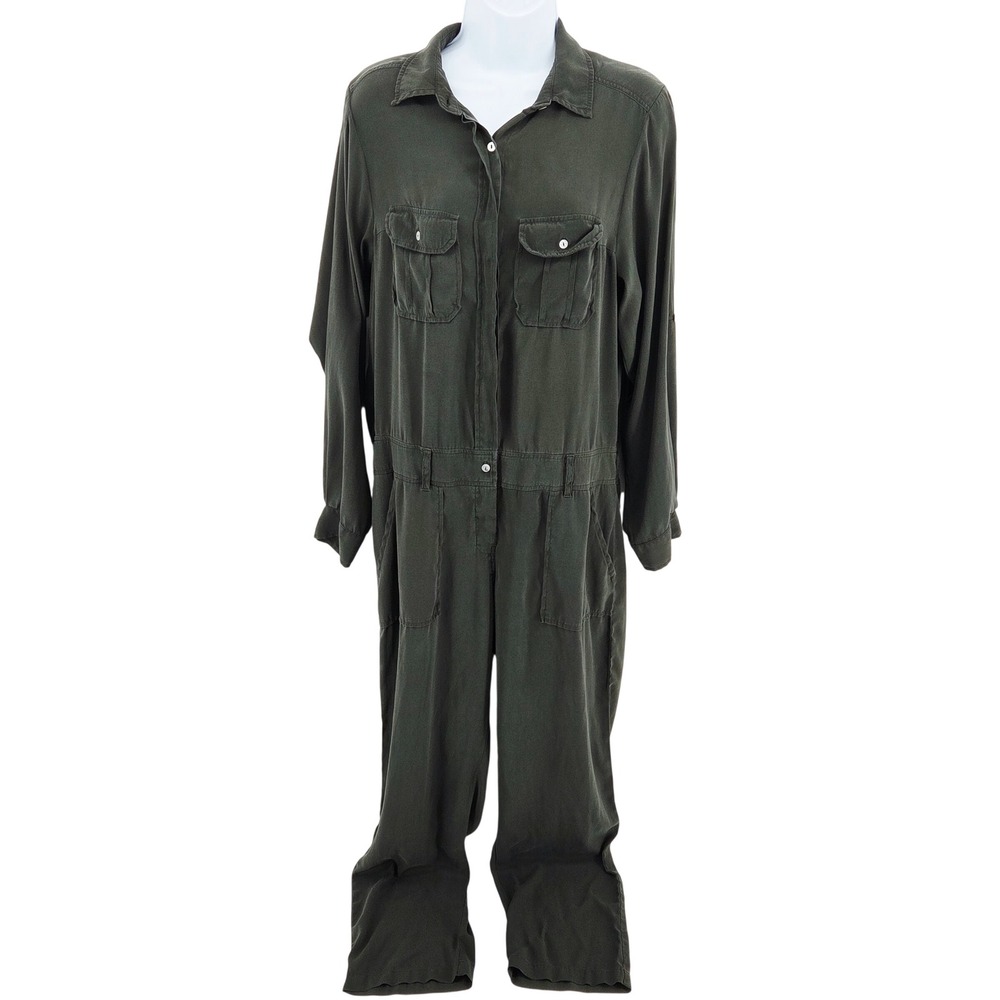 Acacia Silk Spandex Stretch Utility Jumpsuit Romper Dark Olive Army Green Medium